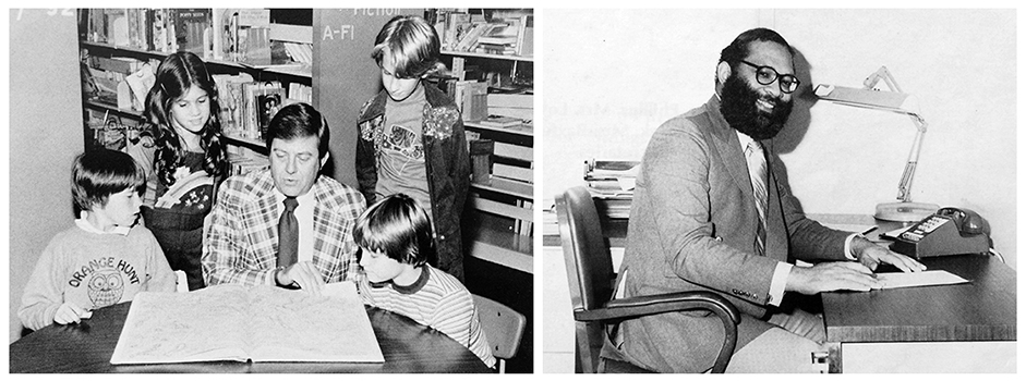 Yearbook portraits of principals Ronald West and John Randall. West is seated at a circular table in the library and is reading a book to a group of students. Randall is seated at his desk, looking up from paperwork.  