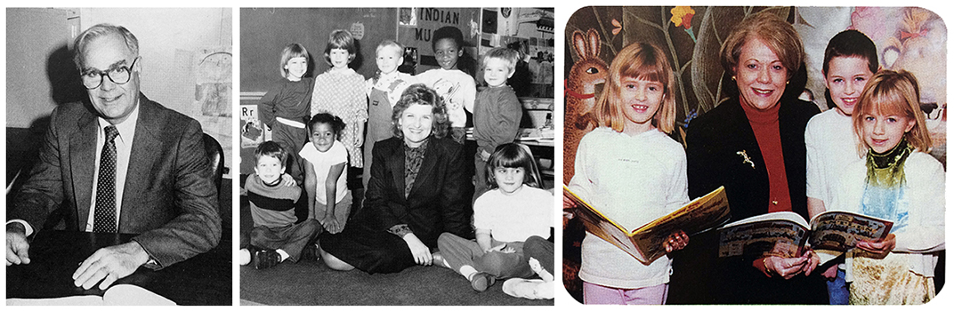 Yearbook portraits of principals Earl Williams, Pam Readyhough, and Janet Trout Barbee. Williams is seated at his desk, looking up from paperwork. Readyhough is sitting on the floor, and is surrounded by a large group of children. Barbee is holding a book and is reading to a group of students.  