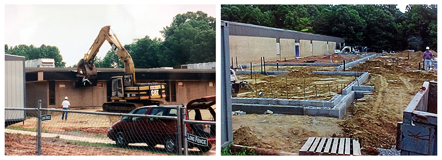 Collage of two color photographs showing progress on the renovation and addition to Orange Hunt Elementary School. On the left, a backhoe can be seen tearing down the earlier addition to our building. On the right, a new cinderblock foundation can be seen where the old addition had been located. The wall outlines are in place. 