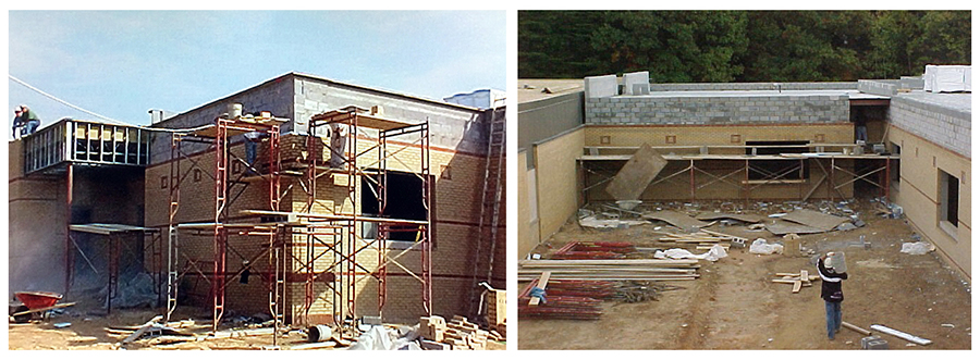 Collage of two color photographs showing progress on the renovation and addition to Orange Hunt Elementary School. On the left, the new addition walls are complete and the building is under roof. A worker, standing on scaffolding, is placing a brick veneer on the building. On the right, the new courtyard created during the project is visible. A worker is carrying a bucket of cement toward scaffolding set up along the wall where a brick veneer is being placed. The ground is bare earth. Construction supplies are stacked on the left, and construction debris is strewn about the ground near the scaffolding. 