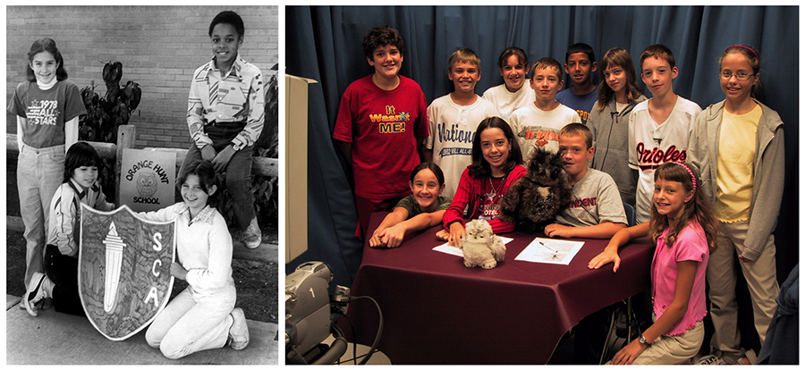 Collage of two photographs of Orange Hunt students. On the left is a black and white photograph of four S.C.A. officers. There is a wooden fence behind them. One boy is seated on the fence railing, a girl to his left leans against it, and two students are kneeling on the ground in front of them. The students in front are holding a S.C.A. banner. Behind the banner is a picture of our owl mascot. The girl on the left is wearing a t-shirt with text that reads: 1978 All Stars. In the color photograph on the right, a group of 12 students comprising the TV news crew and on-camera anchors are posed around the news desk. The picture was taken in the early 2000s and a camera can be seen in the left foreground of the image. Two of the children are holding stuffed toy owls. 